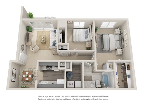 Floor plan for 2 beds, 1 bath, 950 sqft